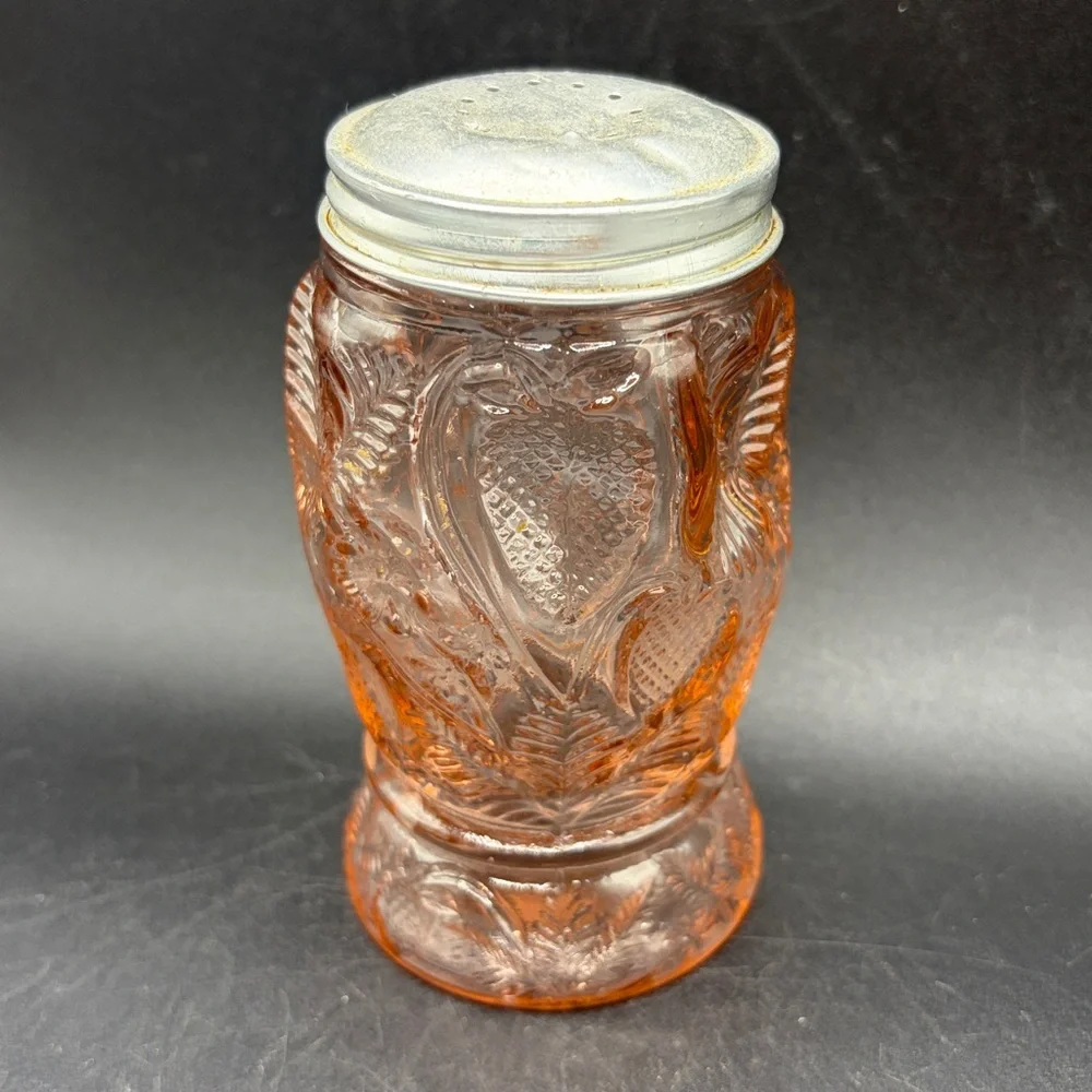 Vintage Pink Strawberry Depression Glass Salt Pepper Sugar Seasoning Shaker, Lid
